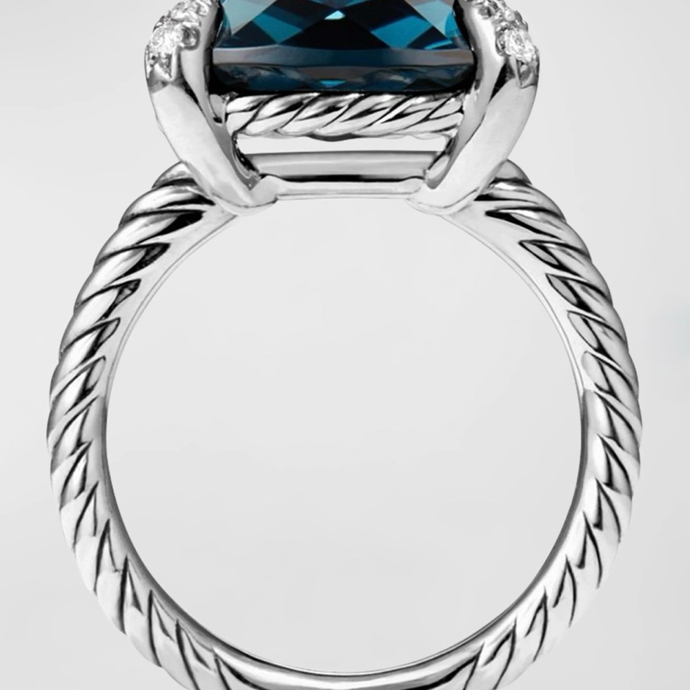 David Yurman Sterling Silver Ring with Teal Cushion-Cut Gemstone - Picture 3 of 6